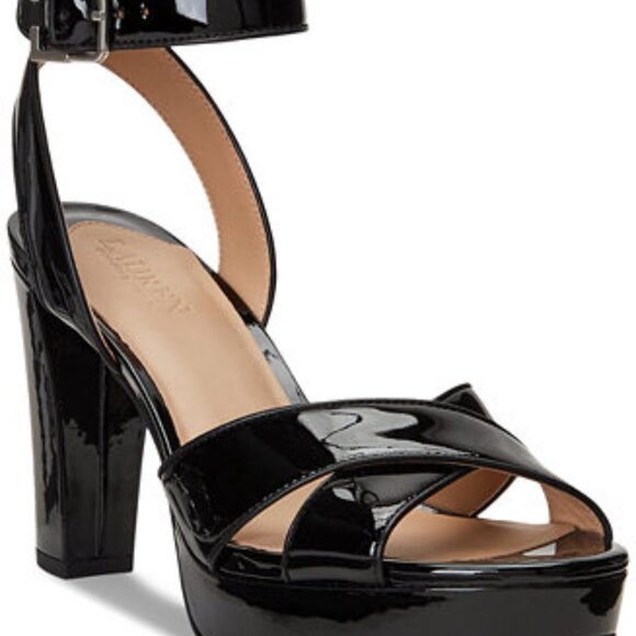 Lauren Ralph Leather Sasha Ankle-Strap Platform Black Dress Sandals sz 9.5B NIB - Picture 1 of 17